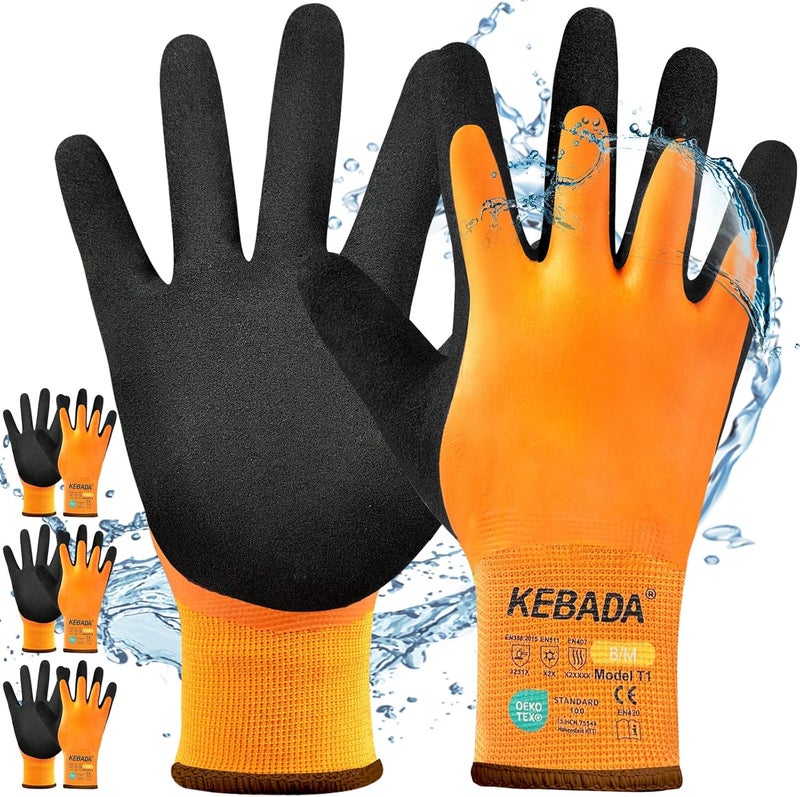 Kebada T1 3 Pairs Waterproof Winter Work Gloves for Men and Women, Warm Work Gloves for Cold Weather, Thermal Insulated Freezer Gloves, 100% Latex Coating & Super Grip, Unisex, Large - Image 1